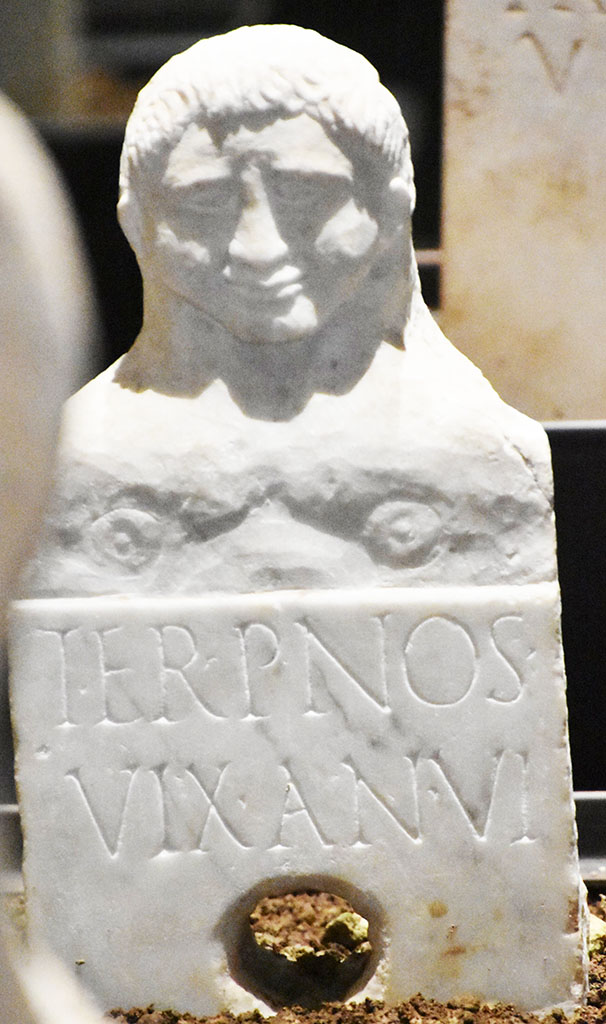 Pompeii Fondo Azzolini. Tomb 1. Herm of Terpnos.
Terpnos
vixit annis VI
On display in exhibition “L’altra Pompei, vite comuni all’ombra del Vesuvio”.
Photo courtesy of Giuseppe Ciaramella.
