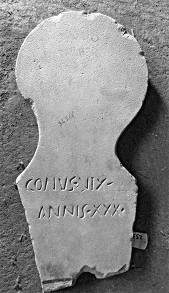 Pompeii Fondo Azzolini. Tomb 118: Gonus or Conus.
Columella with inscription

GONUS VIX
ANNIS XXX

Conus vix(it)
annis XXX

or 
Gonus vix(it)
annis XXX

See Notizie degli Scavi di Antichità, 1916, 303, t118.
Photo © Umberto Soldovieri.
