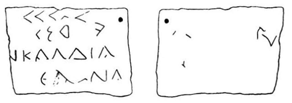 Pompeii Fondo Azzolini. Tomb 118: Gonus or Conus.
The tablet, consisting of a single plate, 0.08 m wide by 0.06m, was found buried next to the stele of Gonus. Very few signs can be seen but among them it seemed clear to Della Corte there was the name CLAUDIA, to the detriment of whom the tablet was prepared
See Notizie degli Scavi di Antichità, 1916, 305-6, fig. 19.
