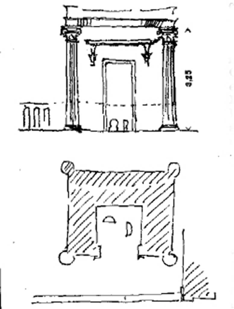 Pompeii FP2. 1886 drawing by Maier of tomb front and cross section showing position of cippi. According to Maier, this grave and the second grave on the left hand side (FP4) were completely similar in construction. He says this grave was located on the left of, and closely adjacent to grave 1 and was enclosed by a balustrade. See Maier H., 1886. Centralblatt der Bauverwaltung, No 46, p. 451, fig. 2. According the CTP, this is a drawing of FP4 but comparison with Mau�s plan below and Maier�s description seem to show it is FP2. See Van der Poel, H. B., 1981. Corpus Topographicum Pompeianum, Part V. Austin: University of Texas. (p. 42).