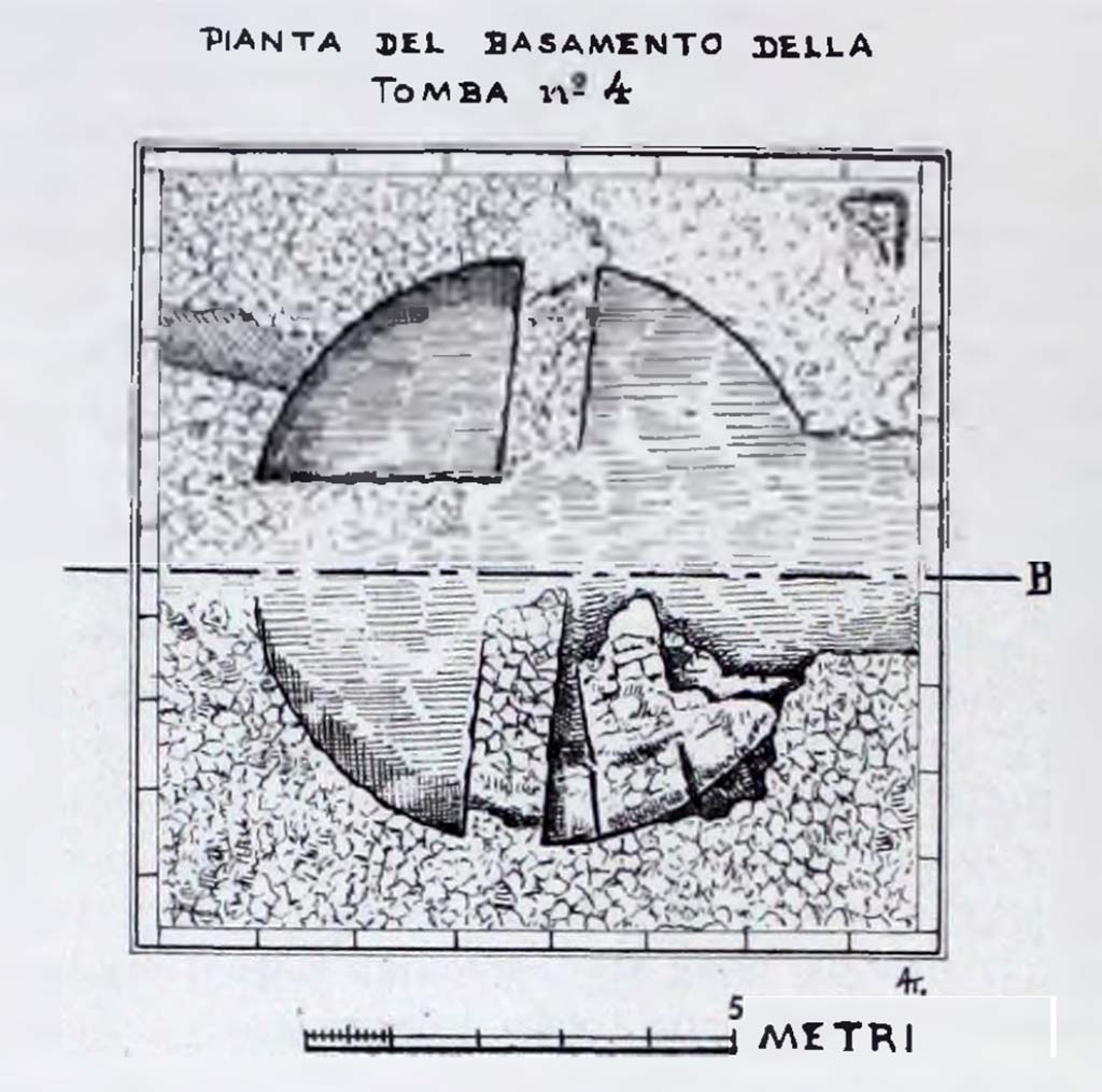 HGE04 Pompeii. 1933-35. Plan of base of tomb showing wall that cuts across the tomb.
What remains of the ancient sepulcher is a large square base of 9.30m by 9.30m, the largest of all the funeral buildings on the Via delle Tombe.
See Notizie degli Scavi di Antichit�, 1943 (p.300, fig. 16).
