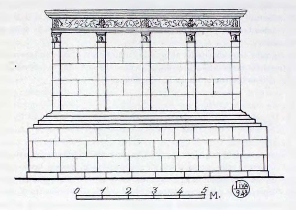 HGE04 Pompeii. 1943. Reconstruction drawing of exterior by L. Oliva.
See Notizie degli Scavi di Antichit�, 1943 (p.308, fig. 25).

