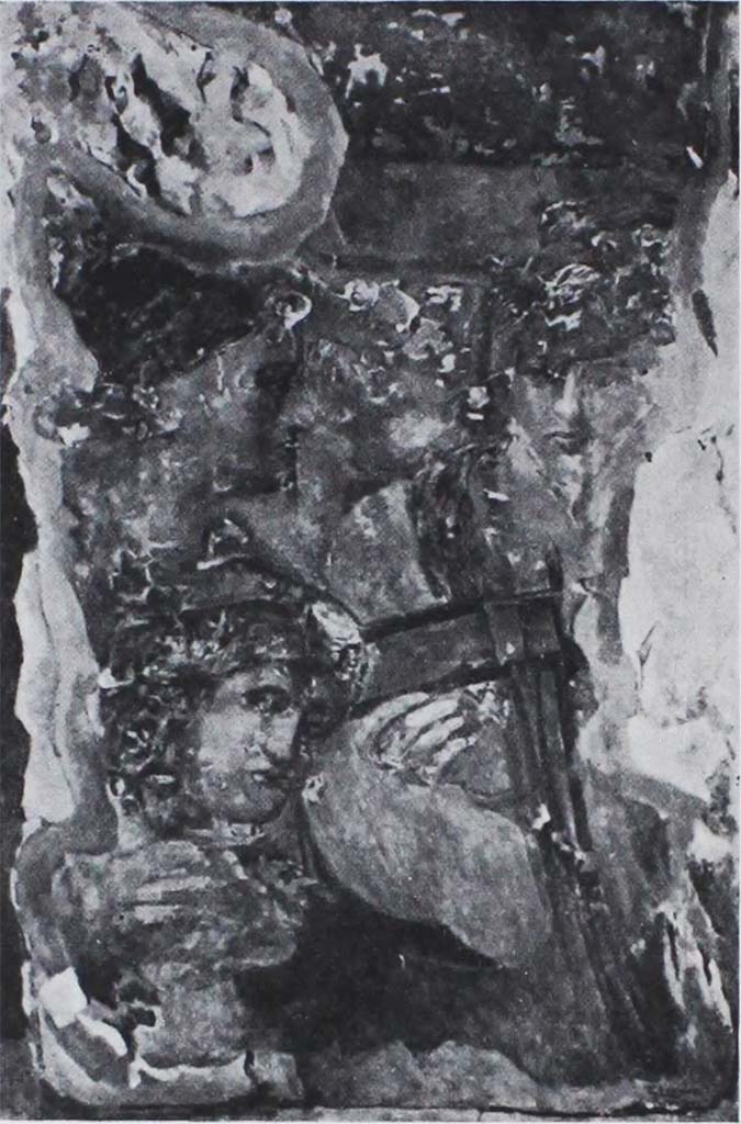 HGE04 Pompeii. 1933-5. Fragment of a large painting, found in the same area as the decorative architecture of Tomb. No.4.
According to Maiuri �
�Together with the tufa blocks of the architectural decoration of tomb No.4, a large slab of limestone was found in the same layer of deposit on which, from one of the faces, one could see still preserved, but in a state of extreme decay and with a serious alteration of colour, the fragment of a grandiose pictorial composition that by technique and style was not related to any of the genres of Pompeian painting."
(�Insieme con i blocchi in tufo della decorazione architettonica della tomba n.4, si rinvenne, nello stesso strato di giacimento, un grande lastrone di calcare su cui, da una delle facce, vedevasi ancora conservato, ma in stato di estremo deperimento e di grave alterazione di colore, il frammento d�una grandiosa composizione pittorica che per tecnica e stile non si ricollega a nessuno dei generi della pittura pompeiana.�)
See Notizie degli Scavi di Antichit�, 1943, p.310-314, fig.26, 1933-5 excavation.
