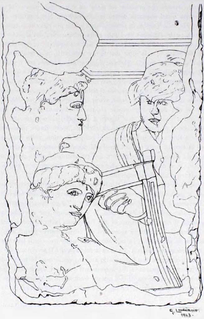 HGE04 Pompeii. Drawing of a fragment of a large painting, found in the same area as the decorative architecture of Tomb. No.4.
According to Maiuri, this appears to be a musical scene with three female figures and a fourth from a missing adjacent slab of which only the hand remains. 
The main figure is a young woman seated left listening intently as the hand of a [missing] fourth person plays the zither. 
At the rear on the left is an older female figure with a stern expression. On the right is a younger woman perhaps a maid of the seated lady.
The technique and style take us outside the wall painting, as we know so far in Campania and Rome. In this painting in which for the first time we find used in Pompeii the technique of funerary Campania associated with a limestone structure, we must recognize a painting from the Hellenistic age of the first half of the second century BC. outside what we usually consider the development of the common Pompeian wall painting.
See Notizie degli Scavi di Antichit�, 1943, p. 310-314, fig. 27, (1933-5 excavations).
