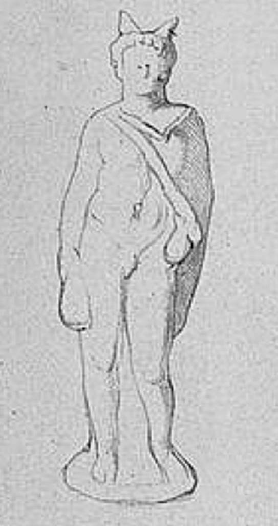 HGE08 Pompeii. Drawing of terracotta statue of Mercury found on 29th December 1837 on the floor of the grave chamber. Now in Naples Archaeological Museum.  Inventory number 20636. See Kockel V., 1983. Die Grabbauten vor dem Herkulaner Tor in Pompeji. Mainz: von Zabern. (p. 152-3, Taf. 54c). See Von Rohden, H., 1880. Die Terracotten von Pompeji. Stuttgart: Spemann. (plate 39,4).