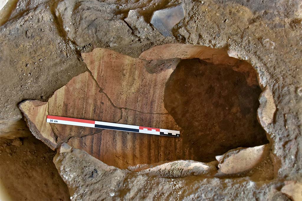 Fig. 23 – Boutique N20. Amphore en remploi dans le sol de la pièce N20/2-3, éventuellement utilisée comme four de recuit.
Vue de l’ouest.
Cliché : N. Monteix-EFR.
