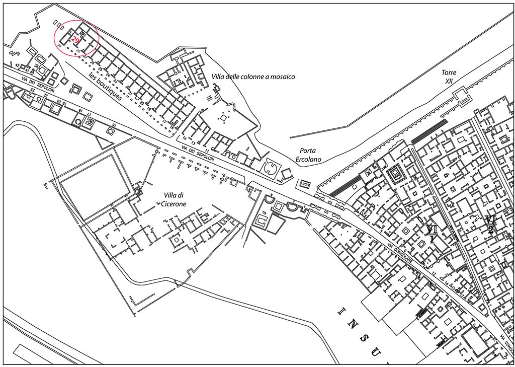 Fig. 1 - HGE29 Pomp�i. Plan des boutiques situ�es le long de la via dei Sepolcri.  
D�apr�s A. Van der Poel, Corpus Topographicum Pompeianum: The Rica maps of Pompeii, 1983.
