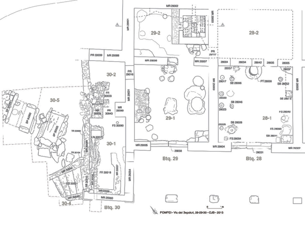 Plan of the potter's workshop (shops N28-N30) and burials (1:50th). G. Chapelin, B. Lemaire � CJB/EFR/CNRS - CC BY-NC-ND 4.0

Plan de l�atelier de potier (boutiques N28-N30) et des s�pultures (1 : 50e). G. Chapelin, B. Lemaire � CJB/EFR/CNRS - CC BY-NC-ND 4.0

See Pomp�i, Porta Ercolano : organisation, gestion et transformations d�une zone suburbaine : Campagne 2015, fig. 15. CEFR 1581
