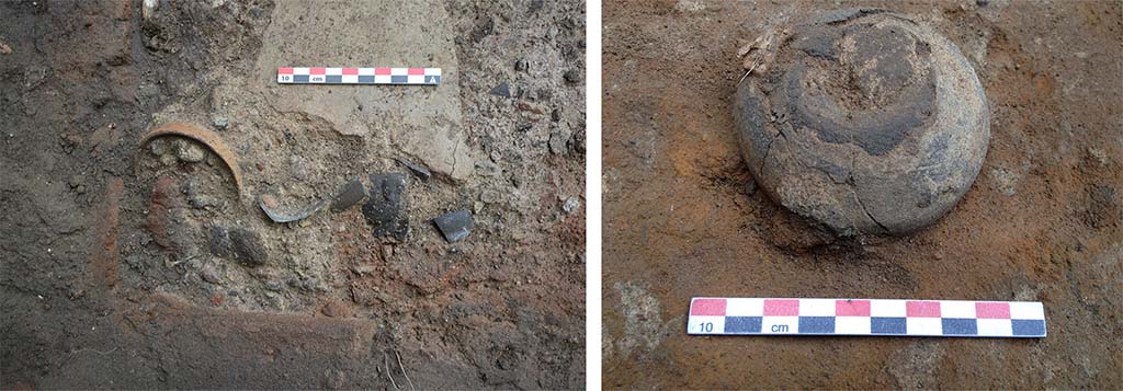 Fig. 10 - Fragments de gobelets et bols surcuits mis au jour dans les niveaux de cendres de la chambre de combustion du four FR30018.
Clich� L. Cavassa.
