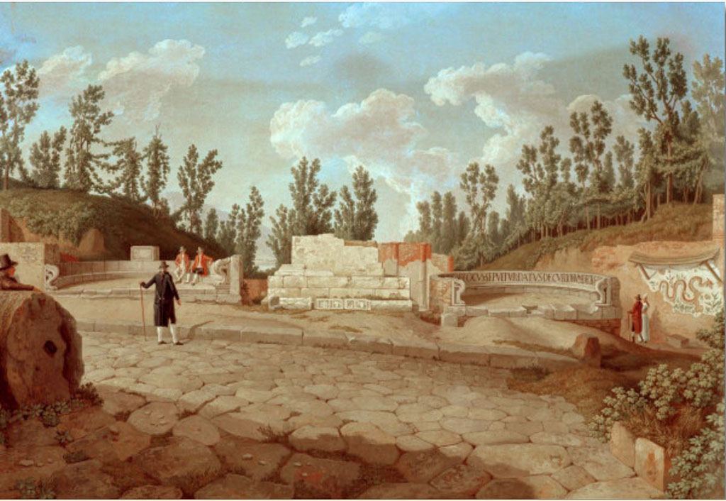HGW02 Pompeii. 1793 painting with tomb on left showing the tufa block on the back of the schola.
On the 16th March 1763 an inscribed marble plaque was found set in the tufa block. 
