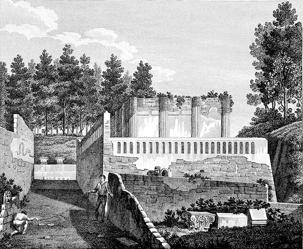 HGW04a Pompeii.  1809-11. Schola Tomb of Mamia. Drawing by Mazois.
According to Mazois �The drawing offers the sight of the tomb of Mamia on the side of the sepulcretum; one can notice on the right, in the wall which separates this place from the street, several heads of animals encrusted, and which seem intentionally put to form a manner of decoration rather suitable at a place devoted to the burials. In the surroundings were several vault openings. It was impossible for me to find them�
See Mazois, F., 1812. Les Ruines de Pompei: Premiere Partie. Paris: Didot Fr�res. (p. 28, Pl. X).
