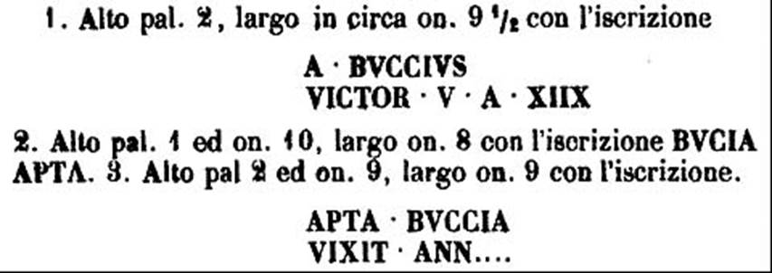 HGW04e/f Pompeii. 1770 PAH description of inscriptions on Buccia cippi. 

A BVCCIVS
VICTOR V A XIIX

BVCIA APTA

APTA BVCCIA
VIXIT ANN�

See PAH 1, 237, 7th April 1770.
See Kockel V., 1983. Die Grabbauten vor dem Herkulaner Tor in Pompeji. Mainz: von Zabern. (Taf. 14b).

According to Epigraphik-Datenbank Clauss/Slaby (See www.manfredclauss.de) these read

A(ulus) Buccius
Victor v(ixit) a(nnos) XIIX        [CIL X 1000]

Bucia Apta        [CIL X 1001].

Apta Buccia
vixit ann(os) [       [CIL X 1002]
