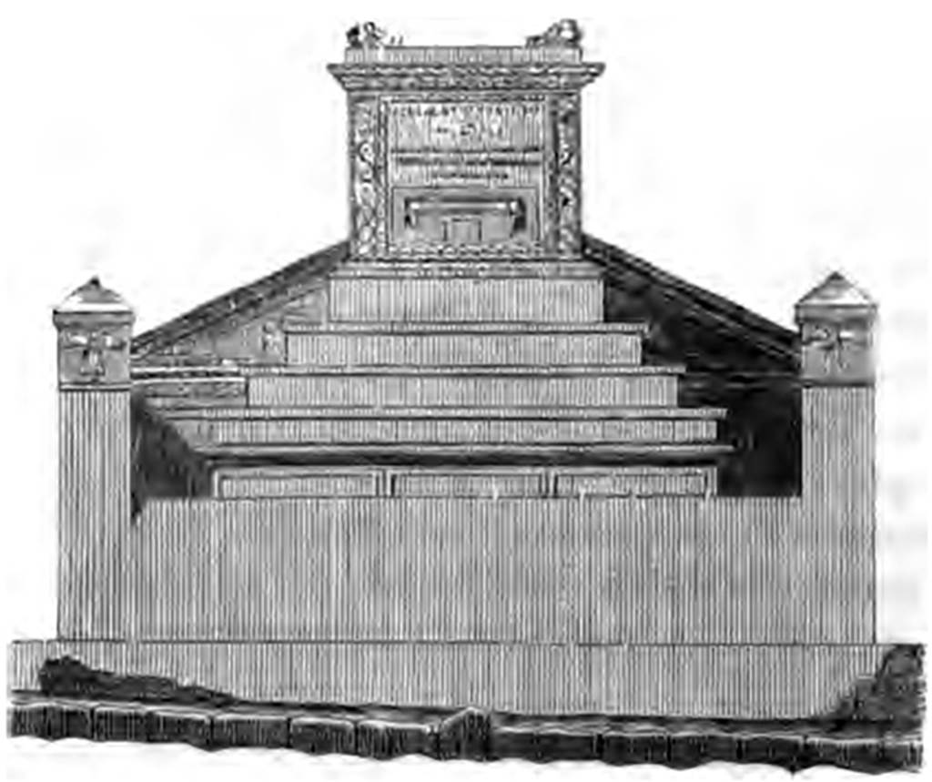 HGW20 Pompeii. 1884 drawing of east side. The location of some of the stucco reliefs on the small pilasters can be seen.
See Overbeck J., 1884. Pompeji in seinen Geb�uden, Alterth�men und Kunstwerken. Leipzig: Engelmann. (p. 416, fig. 216).
