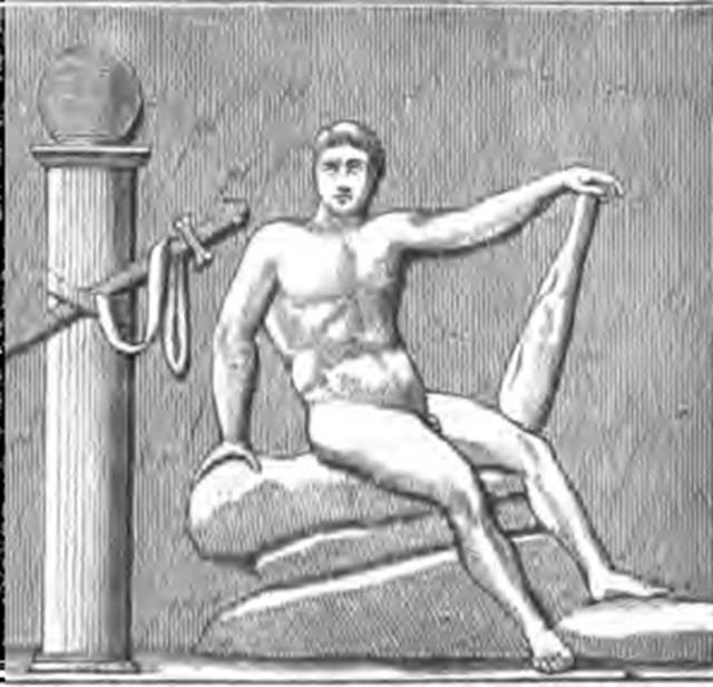 HGW20 Pompeii. 1884 drawing of stucco relief from one of the small pilasters. Possibly Theseus in the labyrinth after overcoming the Minotaur. See Overbeck J., 1884. Pompeji in seinen Geb�uden, Alterth�men und Kunstwerken. Leipzig: Engelmann. (p. 417, fig. 217).