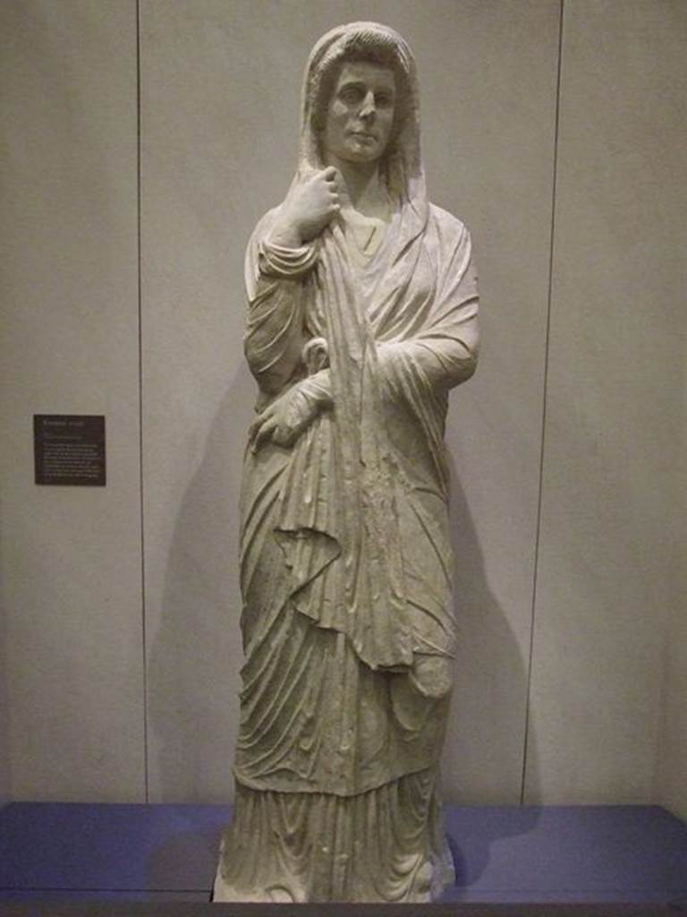 Pompeii Porta Nocera Tomb 6EN. Found June 1954. Found against the west side of front arch of the tomb between tombs 4EN and 6EN. Marble funerary statue of a woman draped in tunic and cape. The statue is in the style of Pudicitia, the Roman personification of modesty and chastity. The back of the statue has not been worked. SAP inventory number 13932. Photographed at “A Day in Pompeii” exhibition at Melbourne Museum.  September 2009. See D’Ambrosio, A. and De Caro, S., 1983. Un Impegno per Pompei: Fotopiano e documentazione della Necropoli di Porta Nocera. Milano: Touring Club Italiano. (4EN). See Brion, M., 1960. Pompeii and Herculaneum: The Glory and the Grief. London: Elek. (p.42, T: 7).