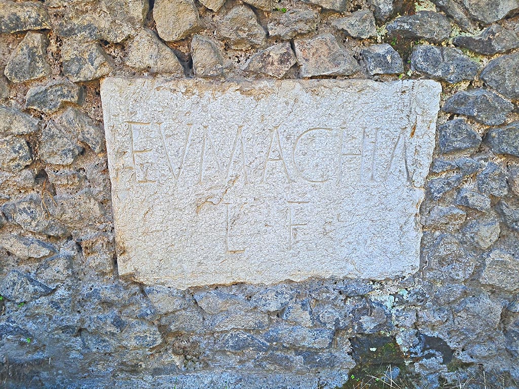 Pompeii Porta Nocera. October 2024.
Tomb 11OS. The plaque on the front wall to the east containing the inscription EVMACHIA L F. Photo courtesy of Giuseppe Ciaramella.
