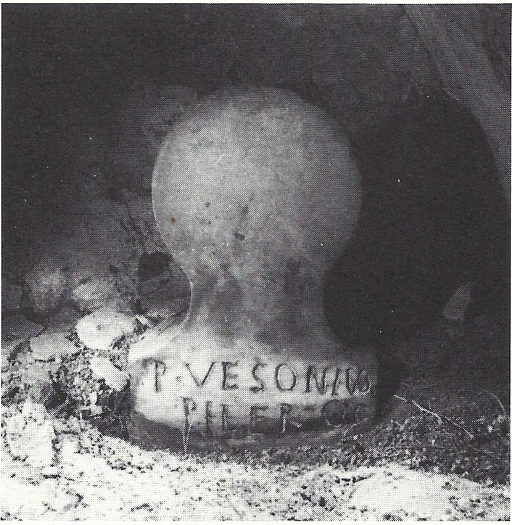 Pompeii Porta Nocera. Tomb 23OS. Marble male columella of P. Vesonius Pileros at rear of tomb.
He was the owner of the tomb and a freedman of Vesonia.
See D’Ambrosio, A. and De Caro, S., 1983. Un Impegno per Pompei: Fotopiano e documentazione della Necropoli di Porta Nocera. Milano: Touring Club Italiano. (23OS).
 
P VESONIVS / PILEROS. 
According to Campbell, this reads
Publius Vesonius
Phileros      [AE 2006: 291]
See Campbell V., 2015. The tombs of Pompeii: organization, space, and society. New York-London: Routledge, p. 269.
