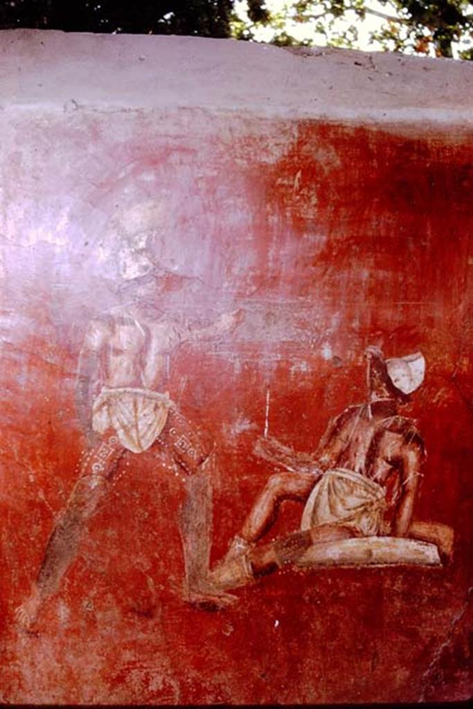 VGJ Pompeii. 1961. Painting of a gladiator fight hosted by or held in honour of the deceased. Photo by Stanley A. Jashemski.
Source: The Wilhelmina and Stanley A. Jashemski archive in the University of Maryland Library, Special Collections (See collection page) and made available under the Creative Commons Attribution-Non Commercial License v.4. See Licence and use details.
J61f0725