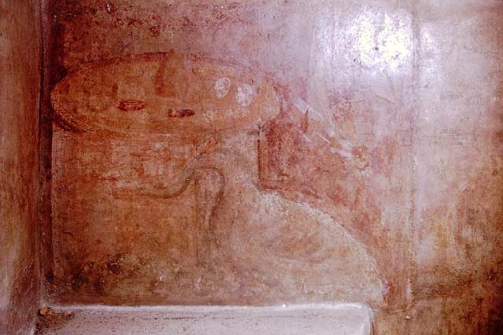 VGJ Pompeii. 1961. Painting of circular table or altar at south-east corner.
On the top are dates, eggs and nuts, in front is a swan and fruit.
Photo by Stanley A. Jashemski.
Source: The Wilhelmina and Stanley A. Jashemski archive in the University of Maryland Library, Special Collections (See collection page) and made available under the Creative Commons Attribution-Non-Commercial License v.4. See Licence and use details.
J61f0727