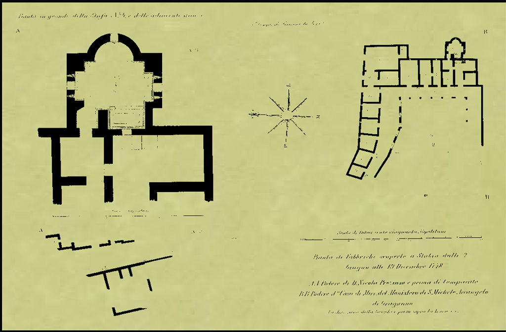 Villa Rustica, Casa di Miri. Villa del Filosofo. Pianta della villa detta del filosofo (da Ruggiero, tav. IX, disegno di F. La Vega). Podere di Nicola Preziuso, prima Comparato e podere del monastero di San Michele Arcangelo. Nell�ingrandimento a sinistra � riprodotta la grande stufa della villa.

Plan of the villa known as the villa of the philosopher (from Ruggiero, table IX, drawing by F. La Vega). Estate of Nicola Preziuso, formerly Comparato and estate of the monastery of San Michele Arcangelo. The enlargement on the left shows the large stufa of the villa.

See Di Massa G., Il Territorio di Gragnano nell�antichit� e l�Ager Stabianus, p. 41.

