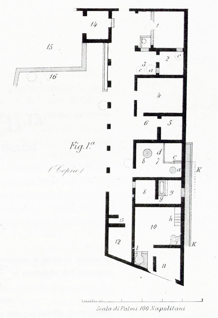 Gragnano, Petrellune (?). La villa scoperta all�Ogliaro. Plan.
See Ruggiero M., 1881. Degli scavi di Stabia dal 1749 al 1782, Naples. Taf. X, fig. 1. 
