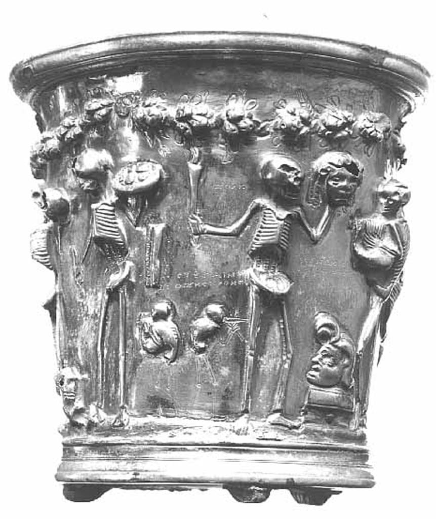 Villa della Pisanella, Boscoreale. Boscoreale silver. Second of two skeleton cups. Under garlands of roses: four scenes. Dotted inscriptions giving meaning accompanied by epicurean maxims. Skeletons representing renowned authors: Euripides, Sophocles, Menander, Moschion, and philosophers: Zeno, Epicure, Monime of Athens, Demetrius of Phalerum accompanied by explicit sentences.

Deuxi�me de deux gobelets aux squelettes. Sous des guirlandes de roses : quatre sc�nes. Inscriptions en pointill� donnant la signification accompagn�s de maximes �picuriennes. Les squelettes repr�sentant des auteurs de renom : Euridipe, Sophocle, M�nandre, Moschion, et des philosophes : Z�non, Epicure, Monime d'Ath�nes, D�m�trois de Phal�re accompagn�s de sentences explicites.

Now in the Louvre, inventory numbers BJ1924 [and BJ1923].
