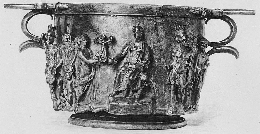 Villa della Pisanella, Boscoreale. 1901. Silver skyphos, Augustus and the barbarians. State when found. Side 2.
According to De Villefosse in 1901 this was in the Cabinet du Baron Edmond de Rothschild.
Skyphos argenté, Auguste et les barbares. État lorsqu'il est trouvé. Côté 2.
Selon De Villefosse en 1901, cela a été conservé dans le cabinet du Baron Edmond de Rothschild.
Voir/See De Villefosse H., 1899. L'argenterie et bijoux d'or du trésor de Boscoreale description des pièces conservées au Musée du Louvre: Monuments et Memories 5 1899 with supplement 1902, pl. XXXI.