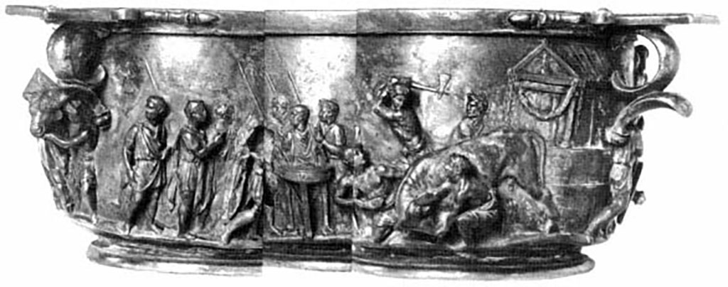 Villa della Pisanella, Boscoreale. Skyphos, Tiberius Cup: expanded detail view of the second side.
The scene shows the sacrifice of a bull.
Skyphos, coupe de Tibère: vue détaillée élargie de la deuxième côté.
La scène montre le sacrifice d'un taureau.
See Kuttner, Ann L. 1995. Dynasty and Empire in the Age of Augustus: The Case of the Boscoreale Cups Berkeley: University of California Press, p. 12, pl. 14.
https://publishing.cdlib.org/ucpressebooks/view?docId=ft309nb1mw&chunk.id=d0e182&toc.id=d0e182&brand=eschol