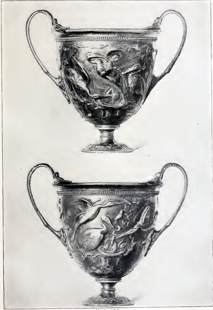 Villa della Pisanella, Boscoreale. Paris, Louvre. Silver cups from the treasure of Boscoreale, 1st cup, sides A and B.
Parigi, Louvre. Boccali d�argento dal tesoro di Boscoreale, 1� boccale, lato A e B.
See Casale A. La favola delle cicogne da due boccali d'argento del Tesoro di Boscoreale: Sylva Mala II 1981, p. 5, fig 1-2.
See Robert C., 1919. Archaeologische Hermeneutik; Anleitung zur Deutung klassischer Bildwerke. Berlin. Pp. 98-99, figg. 80-81.
