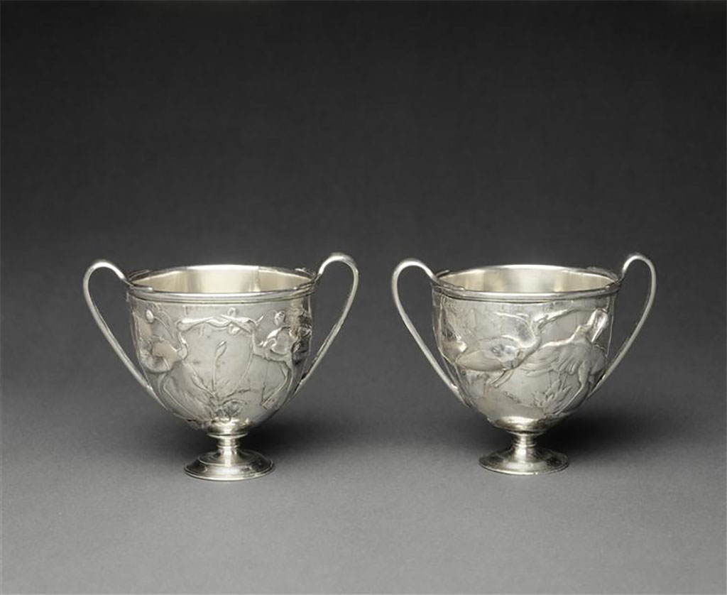 Villa della Pisanella, Boscoreale. Pair of cantharus, scenes with cranes. Side B.
Paire de canthares, scènes avec des grues. Côté B.
Now in the Louvre, inventory numbers BJ1905 and BJ1906.
Photo (C) RMN-Grand Palais (musée du Louvre) / Hervé Lewandowski.