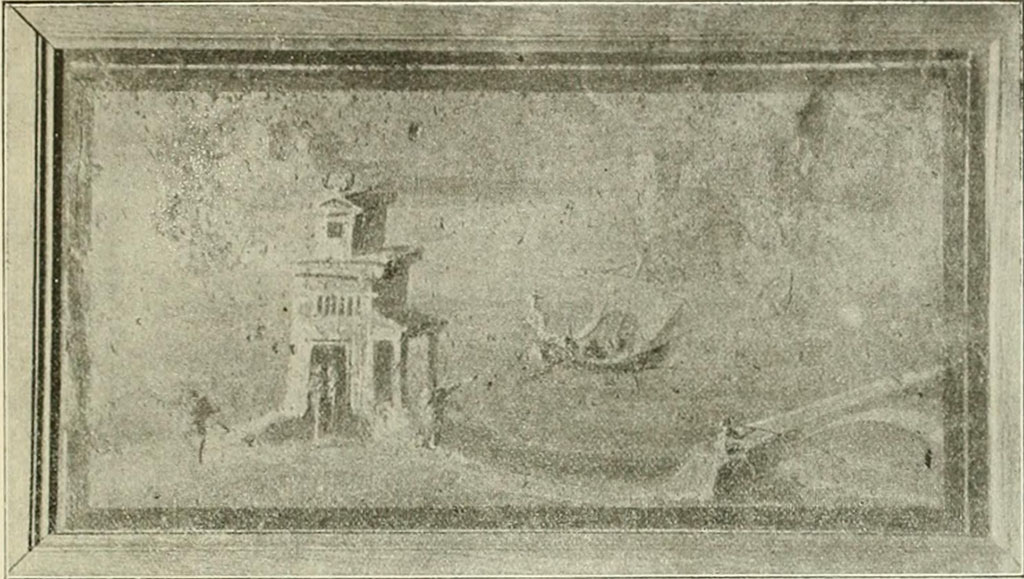 Villa rustica del fondo Ippolito Zurlo, Pompeii. 1897. Room B triclinium. East wall. 
According to Sogliano, in the right yellow panel, (east wall) was a painting of a river view. 
On the front bank of the river was, towards the left, a building and to the right, a bridge, on which sat a fisherman. 
Two sailboats were in the river or pond. 
See Notizie degli Scavi di Antichità, 1897, p. 395, fig. 3.
