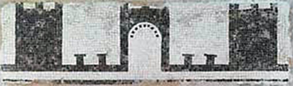 Villa of P. Fannius Synistor at Boscoreale. Small peristyle 15.
Part of a black and white mosaic pavement representing city walls, towers and gates.
Now in the Mus�e Royal de Mariemont, Morlanwelz, Belgium. Inventory Number B100.
http://www.musee-mariemont.be/
According to Barnabei, at the end of the corridor 4 was a small peristyle, 7m by 6m, which linked to the large peristyle by a doorway in its west wall. 
It had a floor of white mosaic, edged by a band of black mosaic which represented crenellated city walls with crenellated towers and gates.
According to Sambon, it measured 0.34m high by 1.02m wide.
See Sambon A, 1903. Les Fresques de Boscoreale. Paris and Naples: Canessa. 13, p. 10.
See Barnabei F., 1901. La villa pompeiana di P. Fannio Sinistore. Roma: Accademia dei Lincei. p.17.

According to Jashemski, [Garden C on her plan], opening off the large peristyle was a small peristyle courtyard with mosaic pavement, enclosed on three sides by a columned portico.
There were engaged columns on the fourth side. Barnabei�s plan shows a gutter around the edges of the courtyard. 
This courtyard was part of a small private bath complex and may have had potted plants.
See Jashemski, W. F., 1993. The Gardens of Pompeii, Volume II: Appendices. New York: Caratzas, (p.286, with plan on p. 285). 

Then one arrived at other rooms (nos. 16, 17, 18, 19) rooms connected with the baths. 
Given their communication with the small peristyle, underneath of which were the hypocaust supports, it seems that rooms 18 and 19, would have served for the warm bath or calidarium.
Adjacent were the rooms 20 and 21 that would have been the cold bath.
The first (no.20) was the apodyterium or changing room; the second (no.21) contained the cold bath or frigidarium.
See Barnabei F., 1901. La villa pompeiana di P. Fannio Sinistore. Roma: Accademia dei Lincei. p.17.
