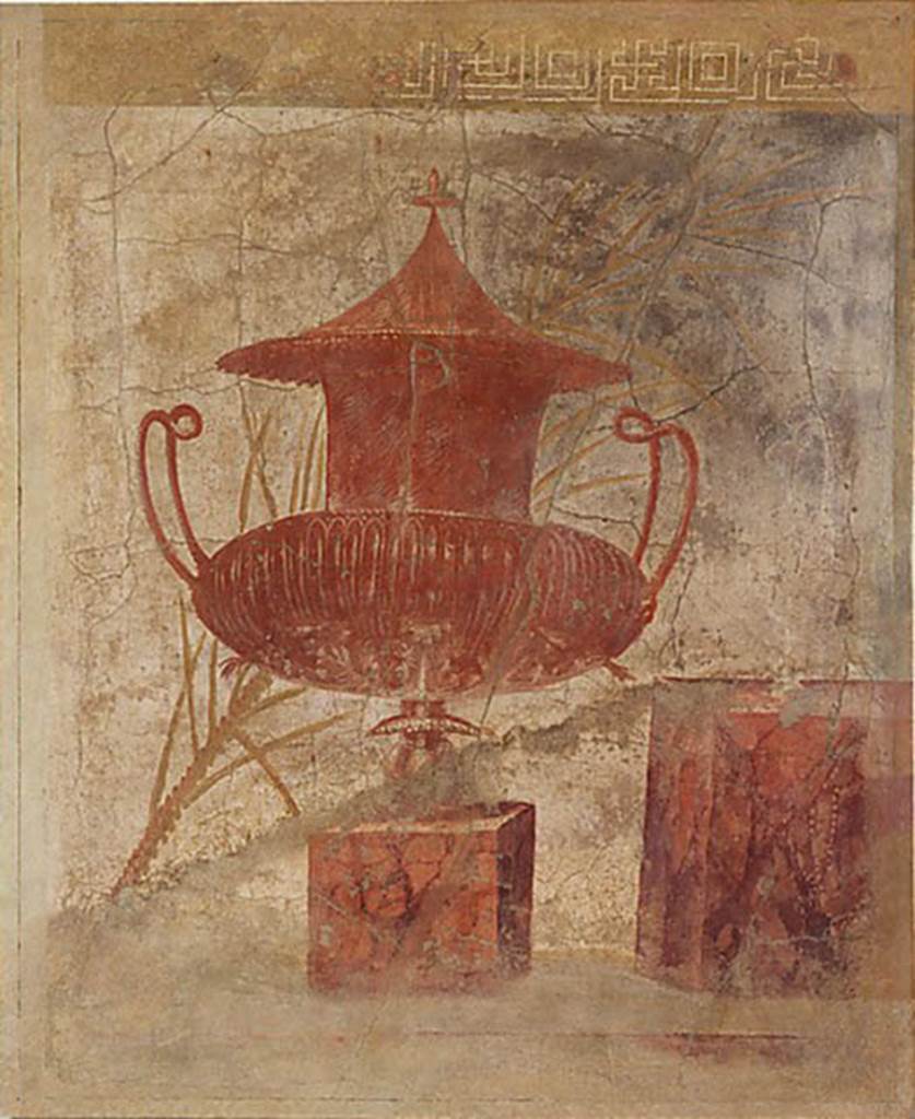 Villa of P Fannius Synistor at Boscoreale. Peristyle E, west end of north wall. Wall painting of vase on a marble block with palm fronds behind. The background was originally black but has faded. Photo � The Metropolitan Museum of Art, Rogers Fund 1903.  Inventory number 03.14.3. See www.metmuseum.org. According to Sambon, this panel shows a competition prize, a large vase with two handles and a broad grooved body (plemochoe). It is painted in orange red, on a base imitating reddish marble. Behind is a palm. Right is an other base on which rests a silver Ewer, very elegant form. Length: 1.18m; height: 1.47m. See Sambon A, 1903. Les Fresques de Boscoreale. Paris and Naples: Canessa. 8, p. 9.