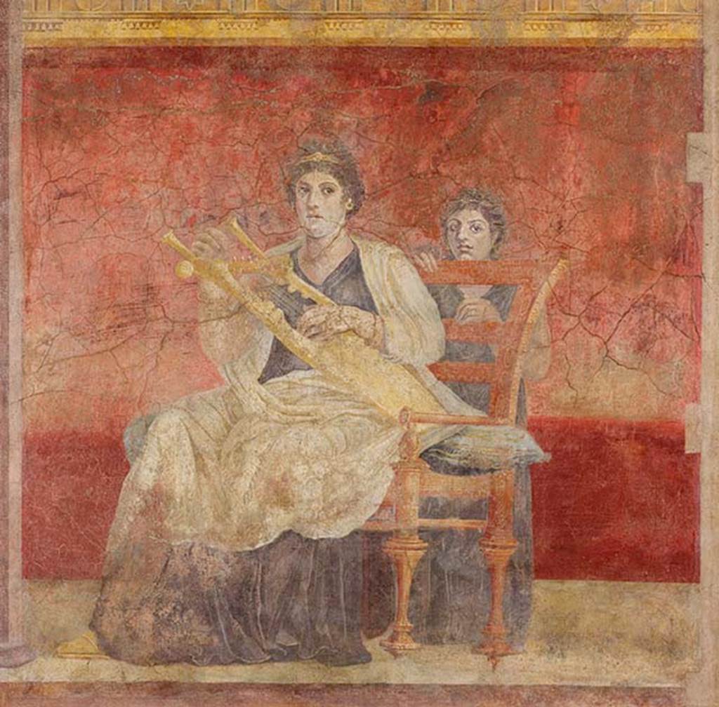 Villa of P Fannius Synistor at Boscoreale. Room H, triclinium or oecus, panel at north end of east wall. 
A seated woman in white and purple garments is playing a golden kithara. 
She and the young girl standing behind her chair looking towards the spectator or the entrance.
Photo � The Metropolitan Museum of Art, Rogers Fund 1903. Inventory number 03.14.5.
See www.metmuseum.org

On the east wall were three paintings.
At the left end was a seated woman wearing purple and white robes, playing a golden lyre. 
At the rear was another female figure, a young girl standing behind the chair.

In the central panel, a couple in conversation on a throne were painted. 
The woman leaning forward with her chin on her fist, gazing at the nude male figure at her side, whose crossed hands rested on a golden staff.
At the right end, was a female painted standing, turning her head upwards to gaze towards the wall with Venus. 
In her right hand, she held a shield which showed the reflection of a nude youth, also gazing towards the north wall and Venus.
