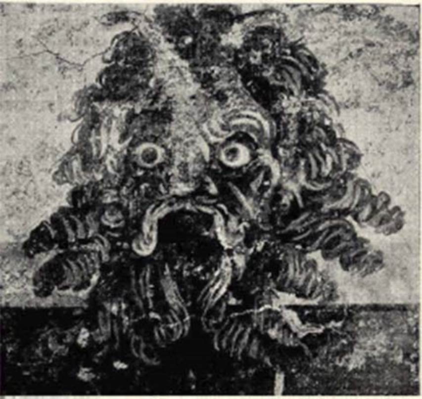 Villa of P. Fannius Synistor at Boscoreale. 1903. Room H, south wall. Mask of the god Pan. 
According to Sambon, this mask was painted on the cornice, near the architrave. 
Size 0.57m; width: 0.43m high.
See Sambon A, 1903. Les Fresques de Boscoreale. Paris and Naples: Canessa. 23, p. 16.