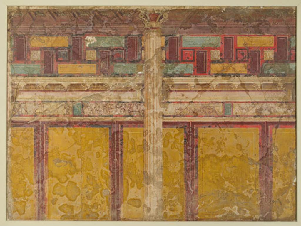 Villa of P. Fannius Synistor at Boscoreale.  Dressing room I of the large triclinium, west wall.
Part of the painted architectural decoration from the west wall.
The complete panel measured 2.12m by 3.13m.
Now in the Mus�es royaux d'art et d'histoire de Bruxelles, Belgium. Inventory number A.1928.
See http://www.kmkg-mrah.be/
