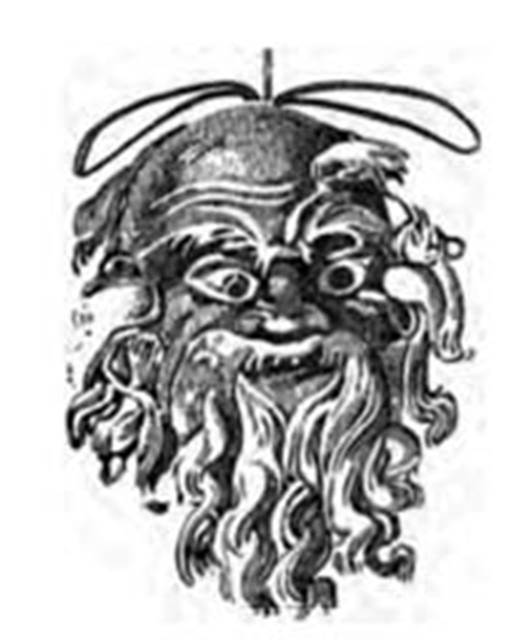 Villa of P Fannius Synistor at Boscoreale. 1900. Room L exedra/tablinum, west wall. 
Drawing of mask of Silenus as painted as hanging from one of the garlands.
See Barnabei F., 1901. La villa pompeiana di P. Fannio Sinistore. Roma: Accademia dei Lincei. p.45 Fig. 10.
