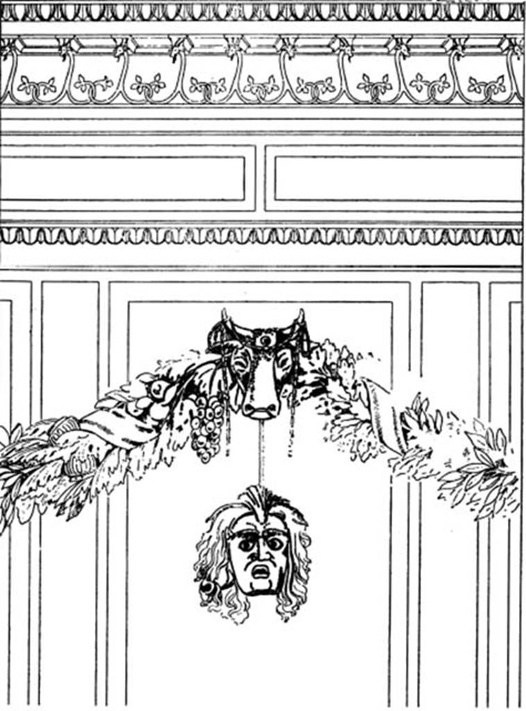 Villa of P Fannius Synistor at Boscoreale. Room L, tablinum, rear wall. 
The central part of the painted decoration on the rear wall in the tablinum.
According to Barnabei, the room was decorated with festoons composed of fruit and foliage.
These were painted with the same skill and boldness, and with the same remarkable effect of reality as the garlands of the peristyle.  
But here the garlands did not run above the crown or at the top of the wall. 
They hung at the height of a person, and as if one extending the hand could have been able to grasp those fruits.
See Barnabei F., 1901. La villa pompeiana di P. Fannio Sinistore. Roma: Accademia dei Lincei. p.41, Fig. 8.
