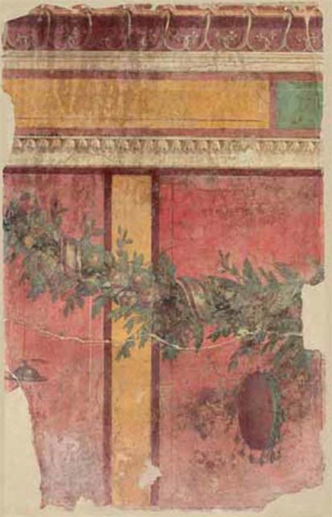 Villa of P. Fannius Synistor at Boscoreale. Room L, tablinum, east wall. 
Panel with garland, red panels with yellow dividing bars, yellow and green blocks with cornice above. 
The left hand panel has a cymbalum (small cymbal) and a tympanum (tambourine drum) is on the right.
Now in the Mus�e de Picardie, Amiens, France. See http://amiens.fr/votre_vie_quotidienne/vie_culturelle/musees_damiens/musee_de_picardie.html
