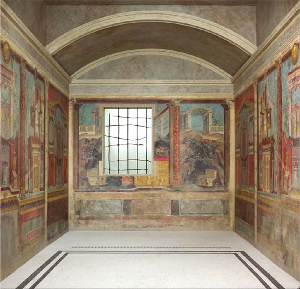 Villa of P. Fannius Synistor at Boscoreale. After the 2007 restoration and relocation. Cubiculum M and alcove with frescoes and mosaic floor. Note the position of the threshold mosaic strip dividing the alcove from the main room and the plain mosaic floor. The cubiculum was about six metres long, by four metres wide, and was divided into two parts, the room itself and an alcove. The room was two-thirds of all the space, the alcove occupied the rest at the rear. It was a real alcove, with the front ends ending in an arch closed with doors or curtains. The ceiling of the alcove was vaulted and with an arched rear wall, while the ceiling of the rest of the room was flat. The floor was marked with a dividing strip to separate the space where the bed was to be situated. This division almost simulated the threshold of another room. The floor was of white mosaic edged with two black bands in the room, and with pure white mosaic inside the alcove. The dividing strip, mimicking the threshold, was of coloured mosaic, striped with five rows, alternatively white and red, white and black. See Barnabei F., 1901. La villa pompeiana di P. Fannio Sinistore. Roma: Accademia dei Lincei. p. 72. Photo � The Metropolitan Museum of Art, Rogers Fund 1903. Inventory numbers 03.14.13a-g. See www.metmuseum.org