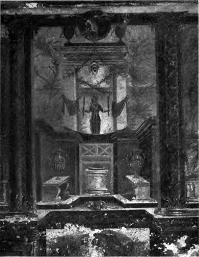 Villa of P Fannius Synistor at Boscoreale. 1900. Cubiculum M, second panel from south end of west wall. Wall painting of Diana Hecate bearing torches, within a sacred portal wrapped in yellow ribbons. She was the goddess who protected the end of life. See Barnabei F., 1901. La villa pompeiana di P. Fannio Sinistore. Roma: Accademia dei Lincei. p.74, Fig. 17.