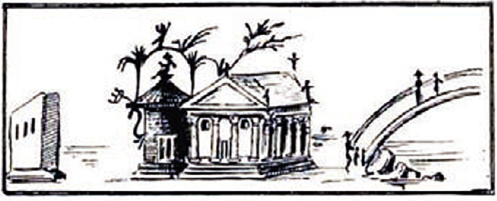 Villa of P. Fannius Synistor at Boscoreale. 1900. Room N, Triclinium ordinario back wall.
According to Sambon, two panels were detached from the back wall of the triclinium.
They were above a white cornice and a frieze of Tritons, Nereids and Cupids (quick silhouettes on a purple background).
On the second panel is a temple surrounded by a portico, next to a small circular structure that resembled a Chinese pagoda. 
To the right is a bridge. To the left are ruins.
Measurement 0.72 m X. 0. 79 m.
See Sambon A, 1903. Les Fresques de Boscoreale. Paris and Naples: Canessa.  37, p. 20.
