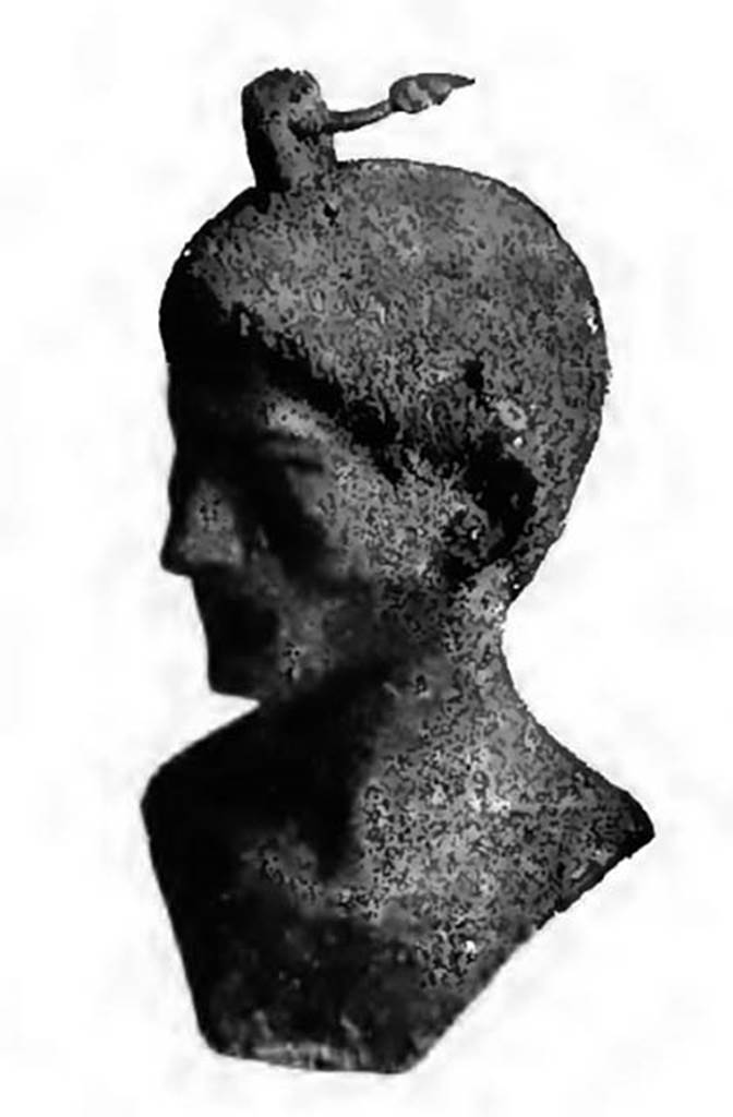 Scafati, Villa rustica detta di Domitius Auctus. 22nd March 1899. Room “D”.
Bronze virile bust, 0.09m tall, well preserved and well-modelled used by the Romans as a steel-yard. 
See Notizie degli Scavi di Antichità, 1899, p. 397, fig. 8.

