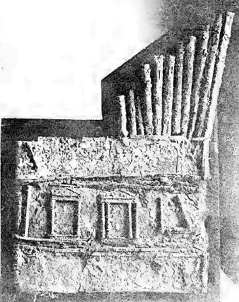 Villa of T. Siminius Stephanus, fondo Barbatelli. 25th November 1899. Found at the height of the upper floor, was a bronze pan-pipe, with eleven pipes, similar to one found in 1876 with nine pipes. The decoration of the temples was identical in both. The one found here was leaning against a wall. See Notizie degli Scavi di Antichit�, 1899, p. 444, fig. 6. See Bullettino dell�Instituto di Corrispondenza Archeologica (DAIR), 1877, p. 99.