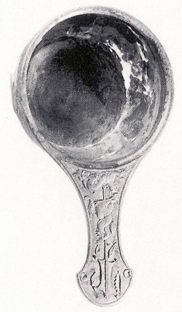 Villa of T. Siminius Stephanus, fondo Barbatelli. October 1900.
Silver patera with 12cm long handle with relief of sea animals, shellfish and a rudder.
Now in Naples Archaeological Museum.  Inventory number 125262.
In fondo Barbatelli, outside the north wall of Pompeii, south of the rooms excavated at a distance of about 20 metres, in an easterly direction, outside these rooms and at a depth of 2m between the layer of ashes and lapilli, a human skeleton was found. Also found with the skeleton were the following objects �
A perfectly preserved silver casseruola, length 27cm, diameter 13.5cm, height 7.5cm and weighing 520g. 
Other objects, including two keys, a bronze ring, and coins were found.
See Notizie degli Scavi di Antichit�, 1900, p. 500-1.
See Guzzo, P. (A cura di), 2006. Argenti a Pompei. Milano, Electa. 168, p. 137.
