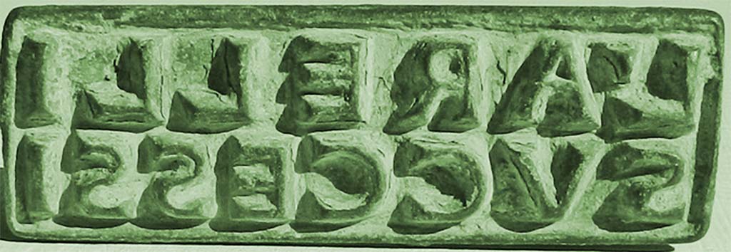 Boscotrecase, Villa di L. Arellius Successus. Bronze rectangular seal of L. Arelli Successi, face side.
Face with wording 
L ARELLI
SVCCESSI

L(uci) Arelli
Successi.

Now in Naples Archaeological Museum. Inventory number 125094.
(The �Arelli� occur in some Pompeian inscriptions).  
