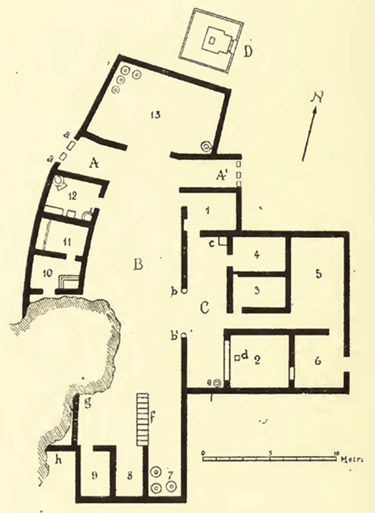 Pompeii. Villa Rustica nel fondo di Antonio Prisco. Plan of villa and tomb “D”.
See Notizie degli Scavi di Antichità, 1921, p. 416, fig. 1.
See Casale A., Bianco A., Primo contributo alla topografia del suburbio pompeiano: Supplemento al n. 15 di ANTIQUA ottobre-dicembre 1979, CB26 (Fig.10).

