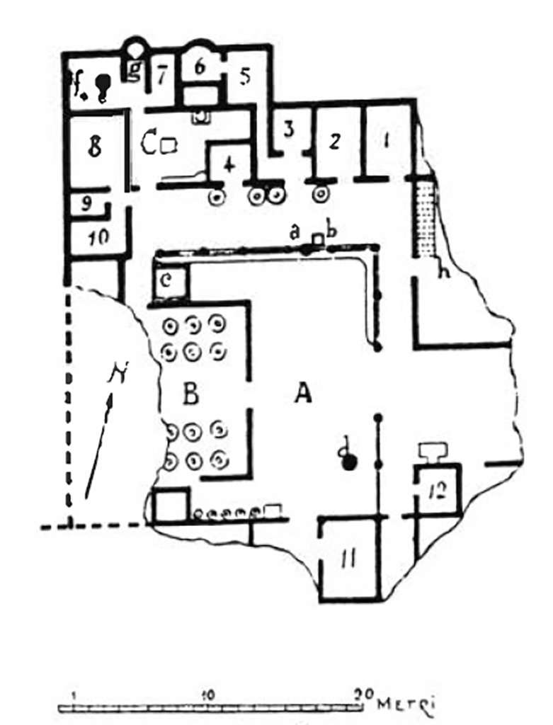 Pianta della villa rustica di via Spinelli secondo la ricostruzione di A. Carandini.
See Marisa De' Spagnolis Conticello. Di due ville rustiche rinvenute a Scafati (SA), in via Spinelli ed in via Poggiomarino in Rivista di Studi Pompeiani, Vol. VI, 1993-94 p.142 Fig. 10.
