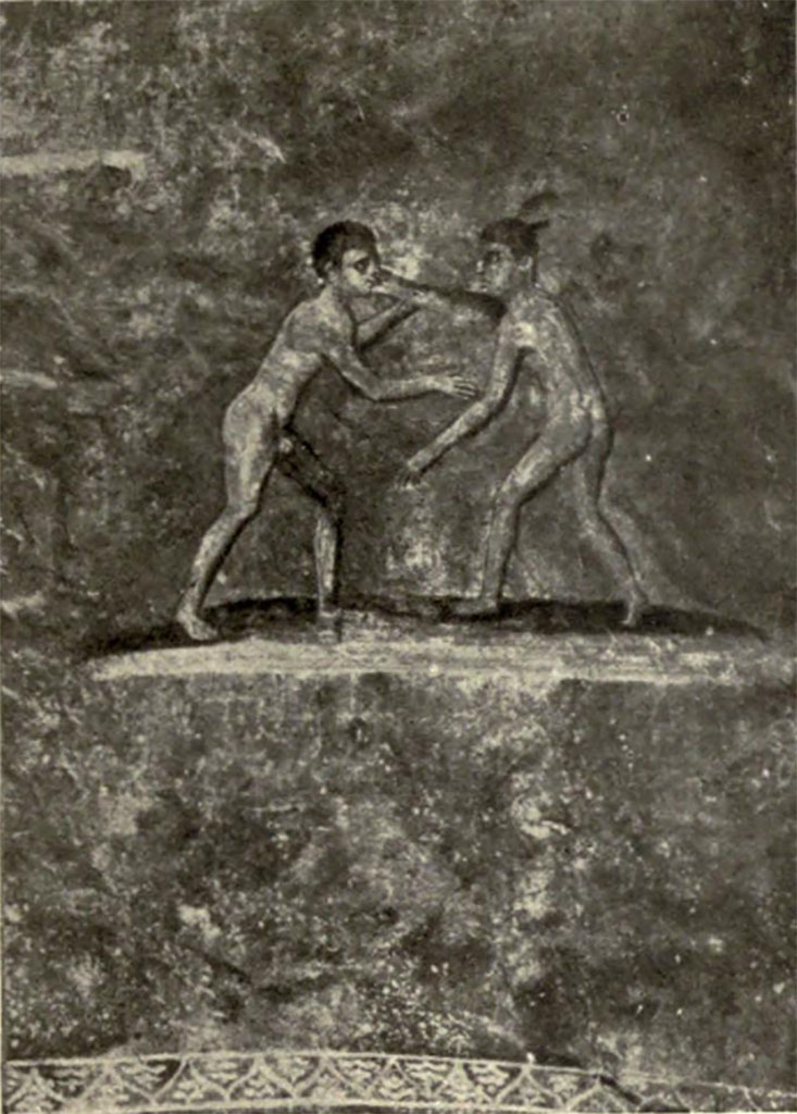 Scafati. Villa Rustica in Fondo Matrone, Contrada Spinelli. Caldarium "no.6": a pair of naked wrestlers. 
See Notizie degli Scavi di Antichità, 1923, Fasc. III tav. lett. a. 

