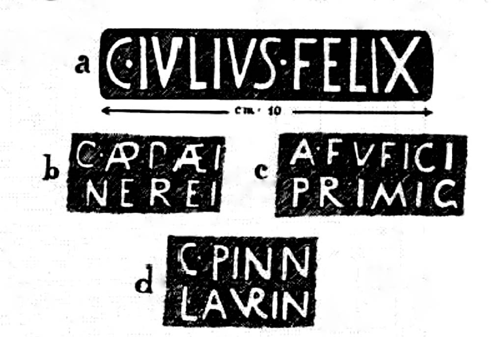 Domicella. Villa rustica romana. 1929. Drawings of dolia stamps from Villa rustica at Domicella, Nola.
See Notizie degli Scavi di Antichit�, 1929, p.202, fig. 3.
